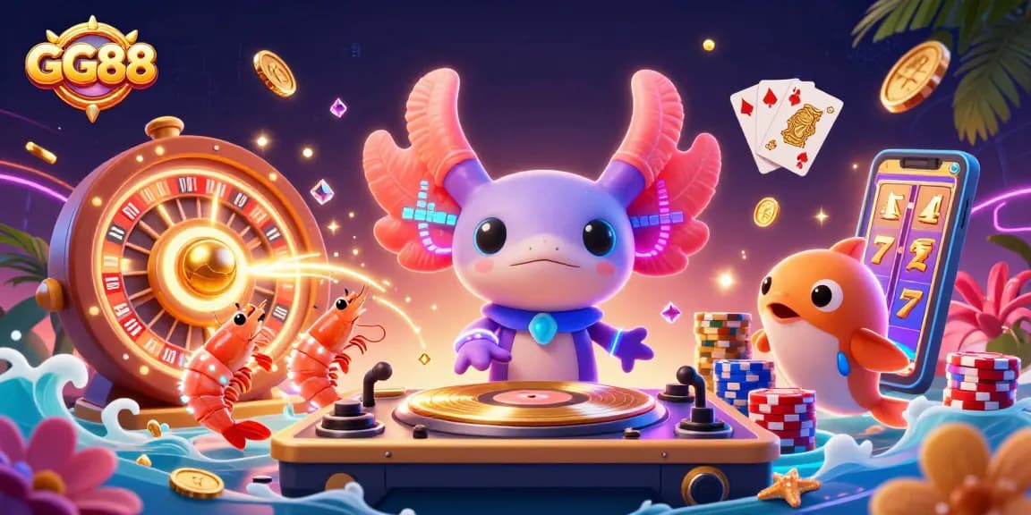 Win at GG88 with this vibrant 3D casino illustration featuring a DJ axolotl and glowing marine characters.