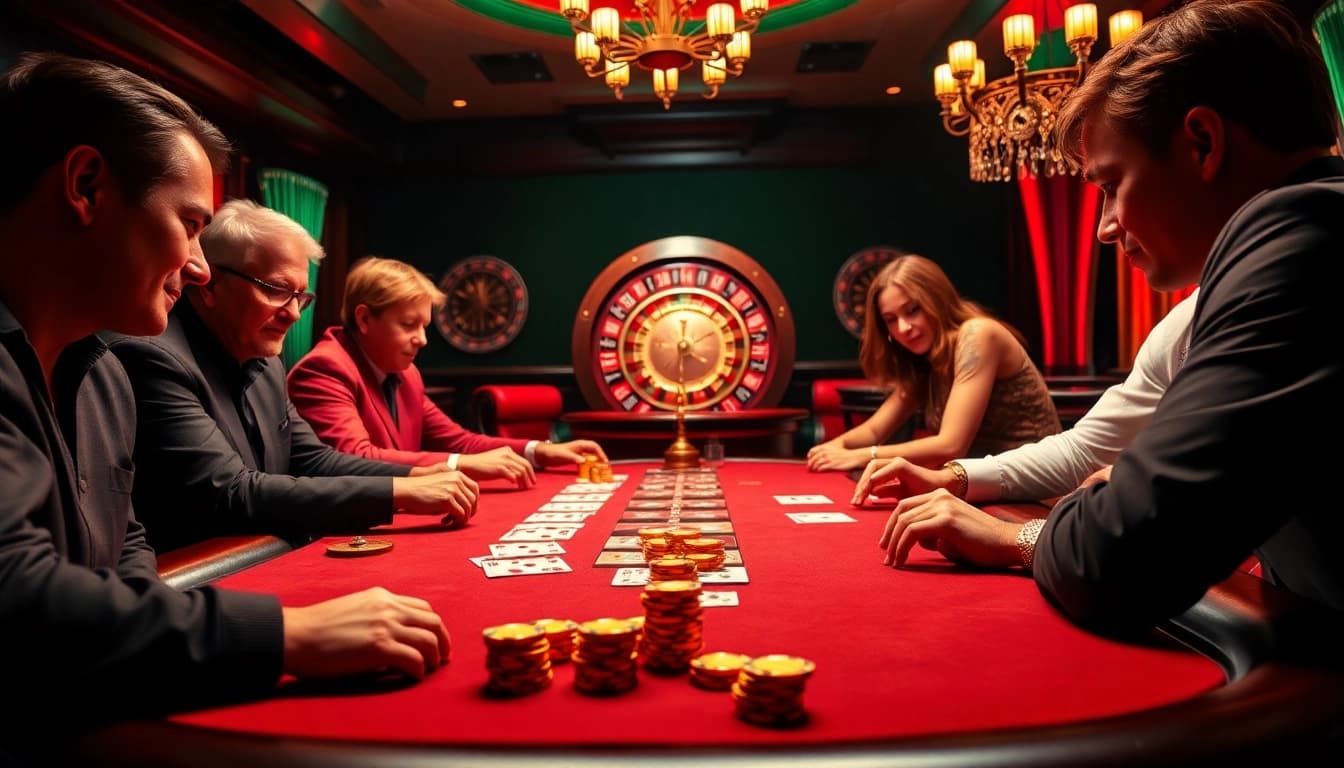 Go 8 players enjoying a high-stakes poker game with luxurious setting and vibrant atmosphere.