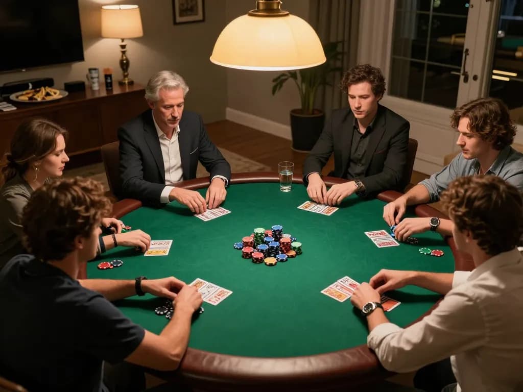 Players enjoying a friendly poker night at home with king33 theme, strategic betting atmosphere