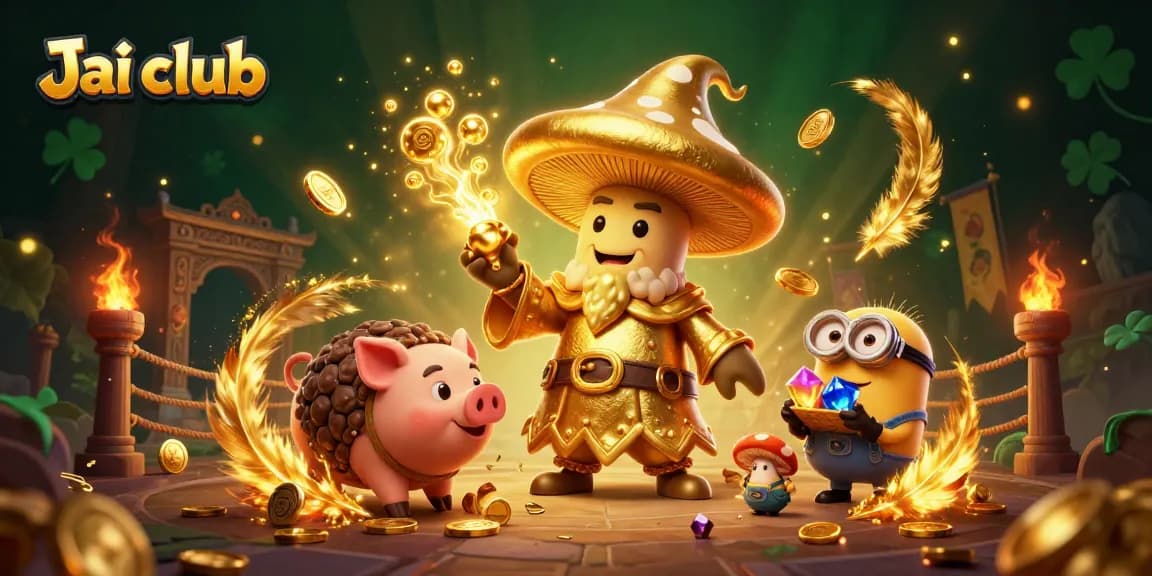 Experience thrilling magic with Jai club's golden mushroom wizard and gems in a vibrant 3D casino scene.
