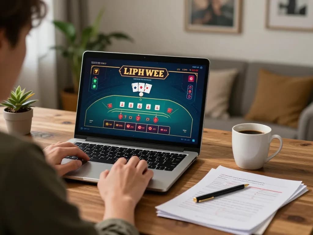 32win user enjoying an exhilarating online blackjack game at home in warm and inviting atmosphere