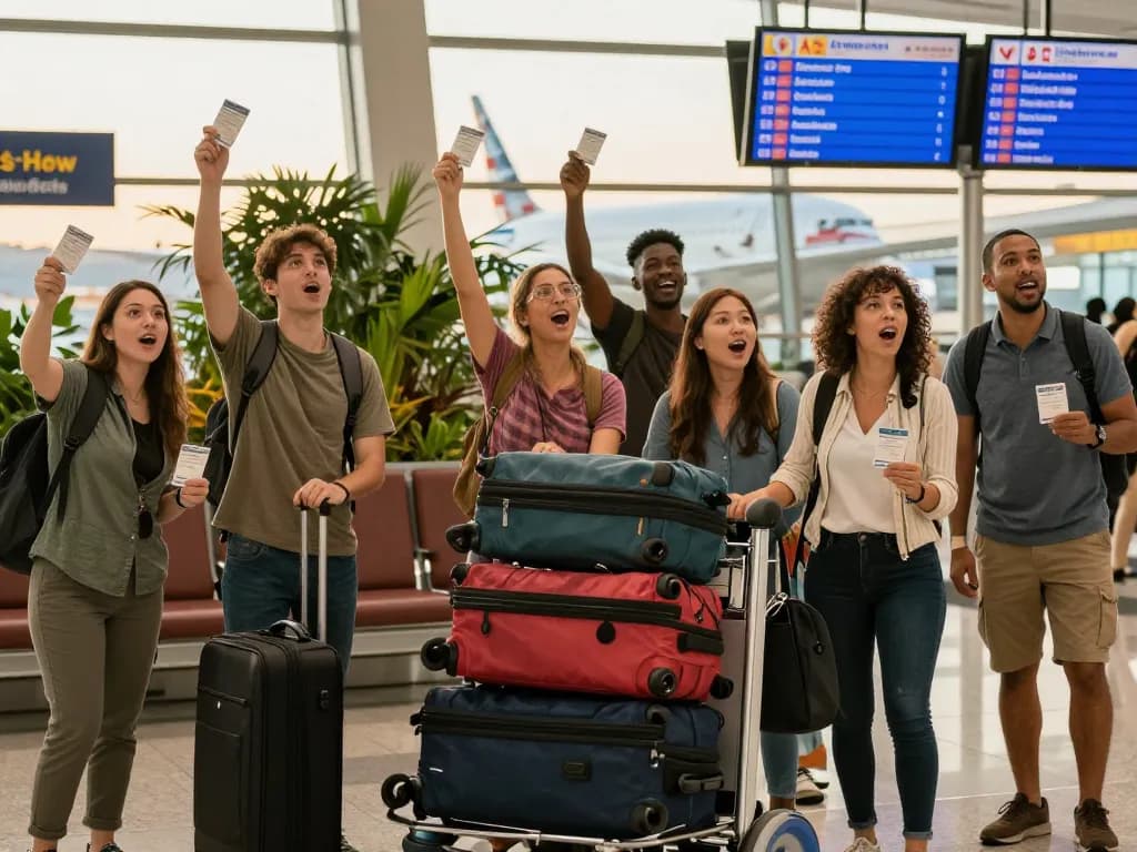 Group preparing for a flight at the airport, showcasing the excitement of traveling on the 789P Dreamliner.