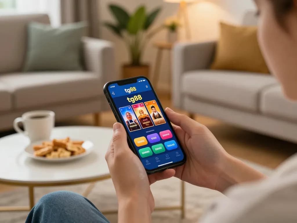 Engaging with tg88 mobile casino app in a cozy home setting, capturing relaxed gaming lifestyle.