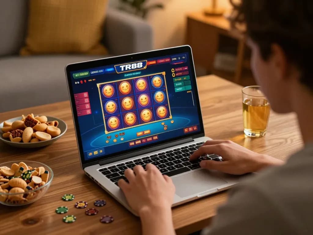 Enjoying TR88 online slots on a laptop, enhancing the home gaming experience with snacks and drinks.