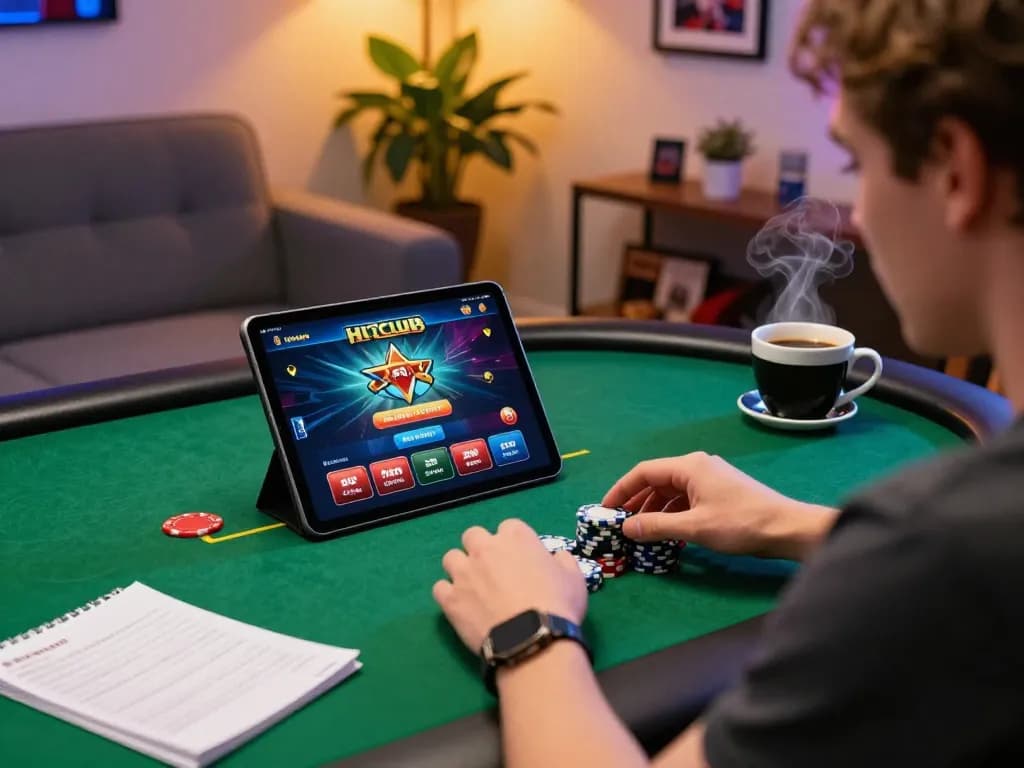 Engaged player exploring Hitclub app while enjoying a cozy gaming environment at home.