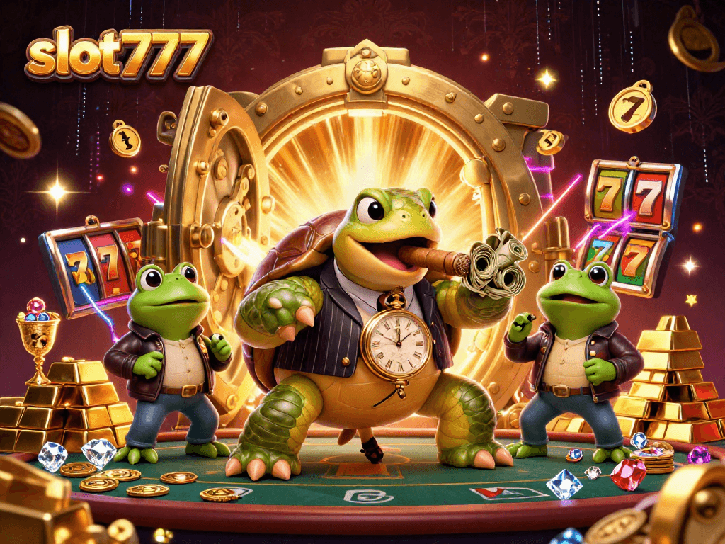 Spin the reels with slot777 in a vibrant casino scene featuring a turtle mobster and frog enforcers.