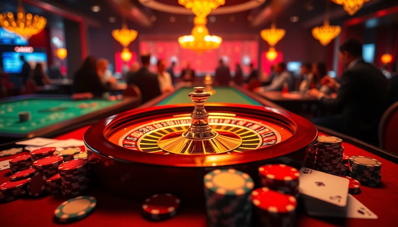 Akun Depo 5k menampilkan suasana kasino dengan roulette cemerlang dan chip poker berwarna-warni.
