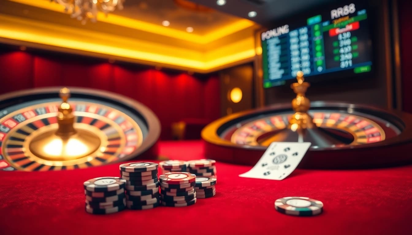 Engaging gambling scene with a vibrant roulette wheel and poker setup at Trang Chủ RR88.