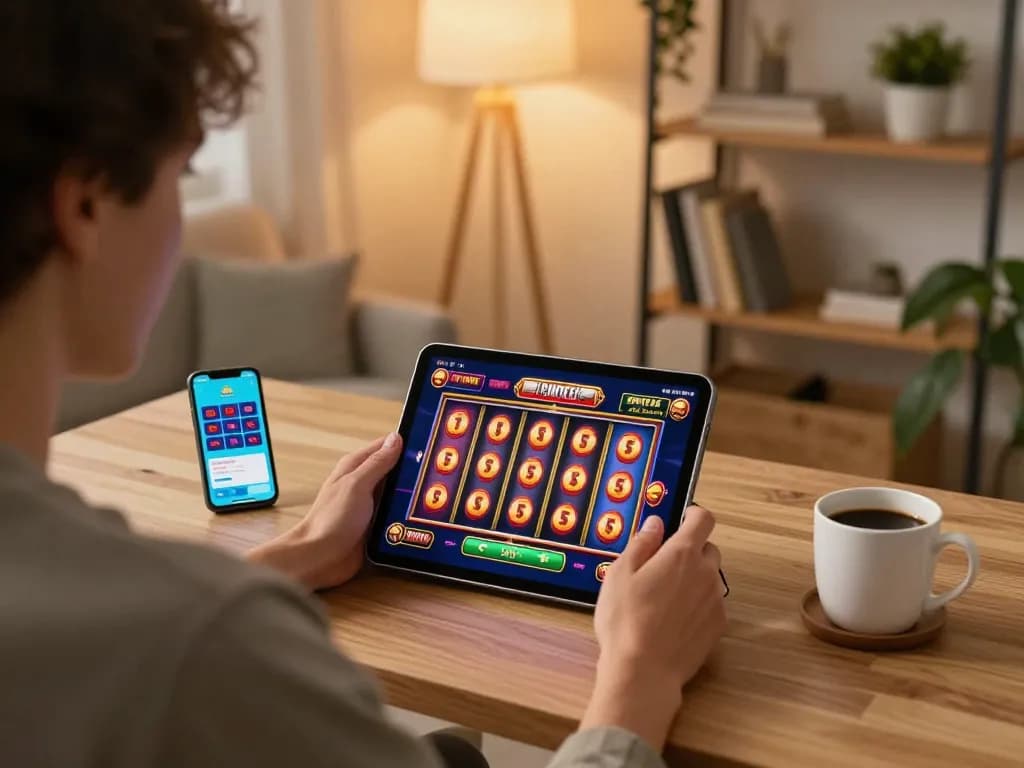 Person engaging in online gambling on tablet with lsa slot game interface readily visible in a cozy home setting.
