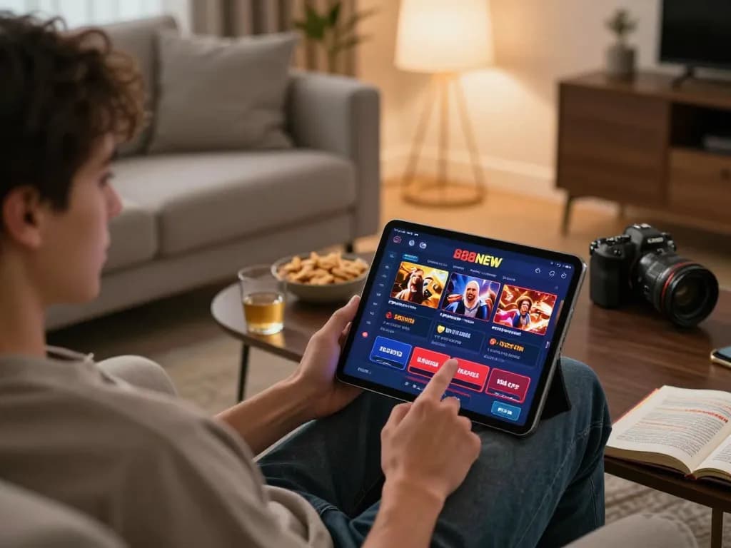 Player engaging with the 888NEW casino app in a cozy home setting, showcasing modern online gaming.