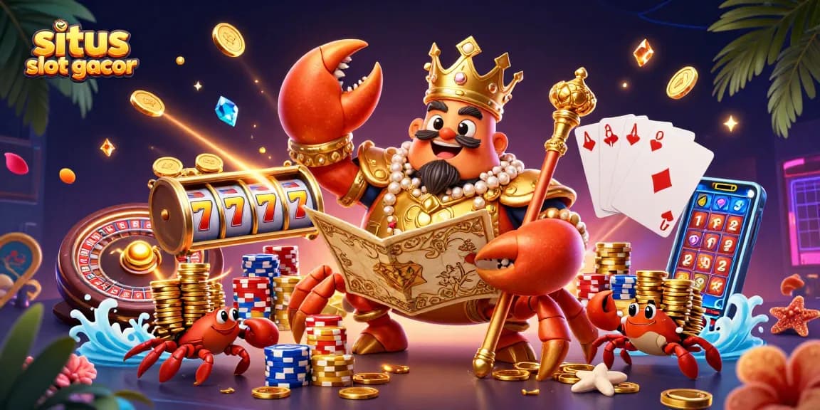 Engage with situs slot gacor as the crab emperor presents slot reels and treasures in a dynamic casino scene.