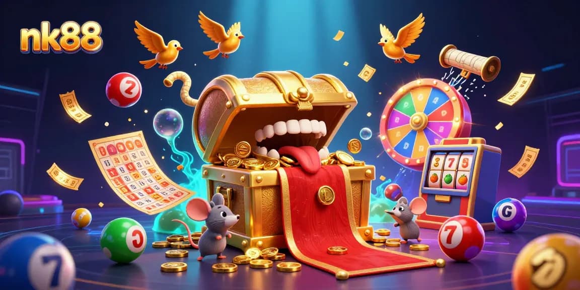 Experience thrilling gaming adventures with nk88: a vibrant 3D illustration of treasures and casino excitement.