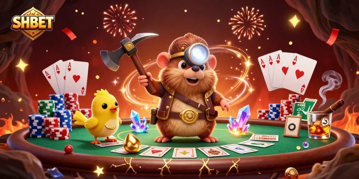 Engage with SHBET's thrilling casino adventure featuring a treasure hunter mole and poker elements.