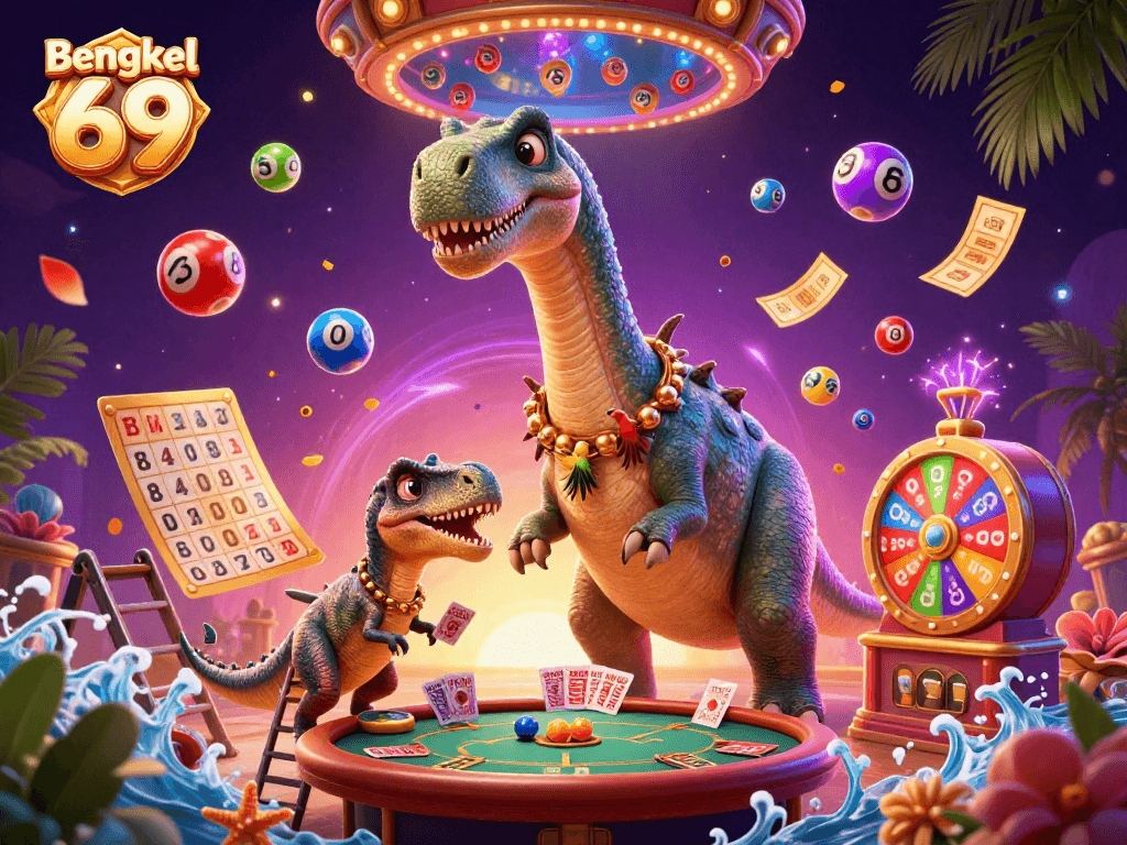 Bengkel 69 illustration of a dinosaur-themed casino scene with vibrant game elements