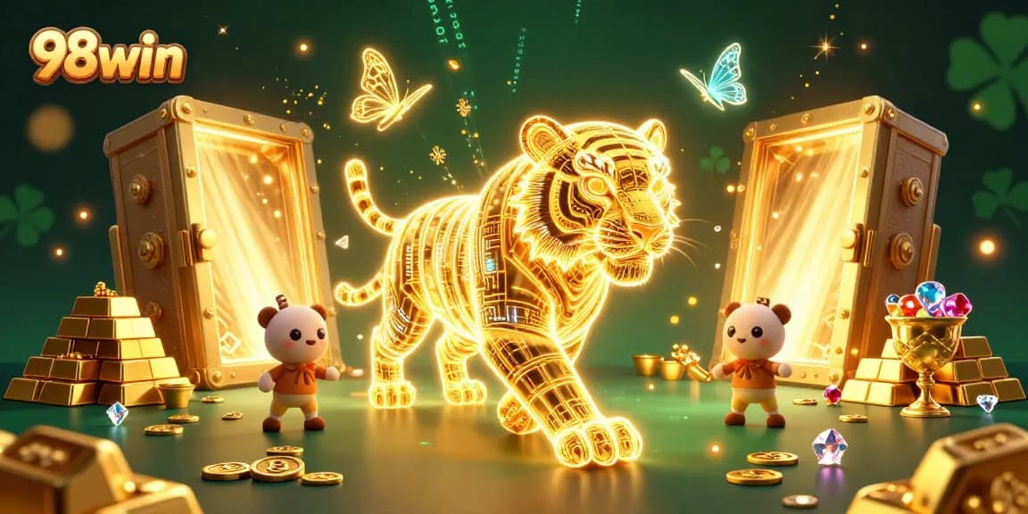 Experience thrilling jackpots at 98win's vibrant casino landscape filled with golden treasures and characters.