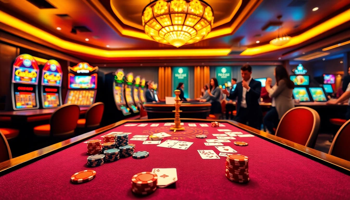 Visualize gamblers engaging with top games at https://lc88ta.com/ showcasing excitement and luxury in a casino setting.