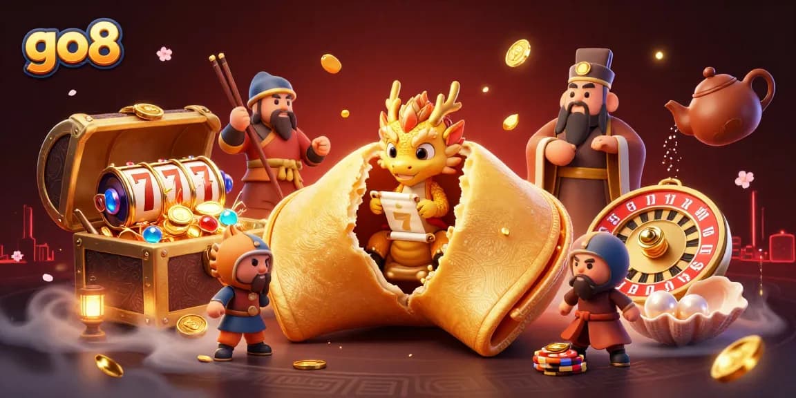 Spin and win at go8 with golden fortune cookies, wise dragons, and casino elements!