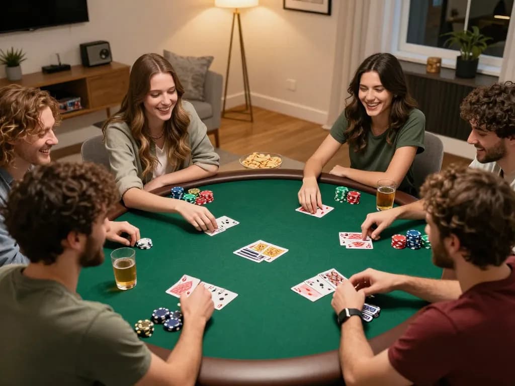 Teman-teman yang terlibat bermain poker di rumah yang mewakili pengalaman bermain menarik MPO777