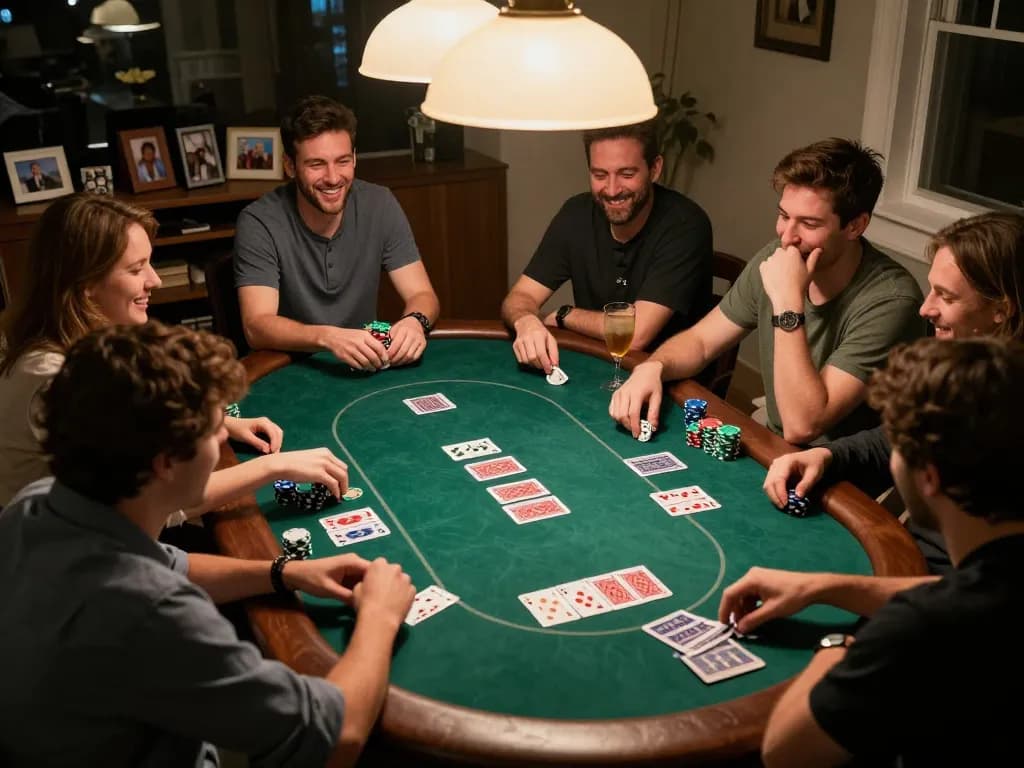 Friends enjoying a poker game night at home, showcasing 789club gaming excitement and strategy.
