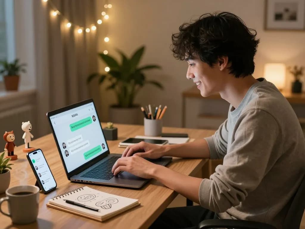 User engaging in an NSFW AI chat on a laptop in a cozy home office, showcasing personalized digital interaction.
