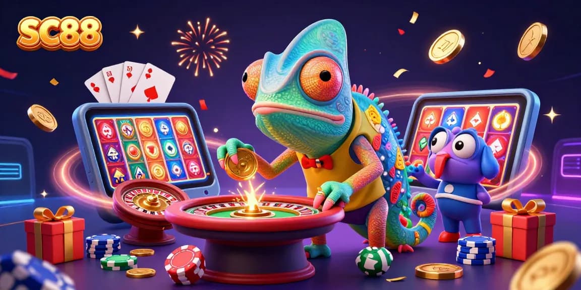 SC88 casino owner chameleon grabs golden coins amid lively gaming elements.