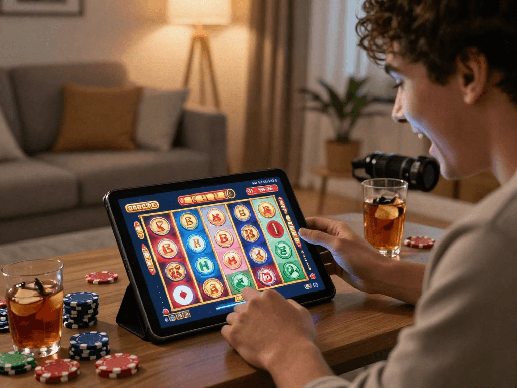 A player enjoying a slot depo qris game on a tablet in a cozy home environment, showcasing vibrant digital graphics and casino elements.