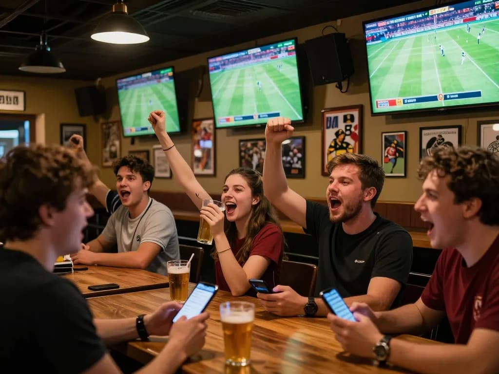 Kết quả bóng đá updated in real-time as fans cheer and place bets in a lively sports bar