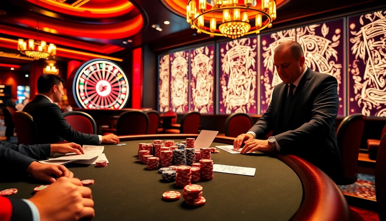 Tr88 players enjoying an immersive casino experience with vibrant poker chips and a thrilling roulette wheel.