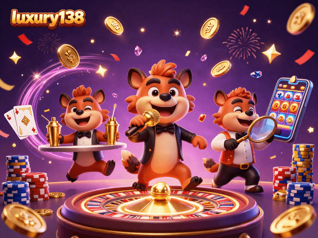 luxury138 menampilkan hyena yang bersenang-senang di klub kasino dengan keripik poker dan koin emas.