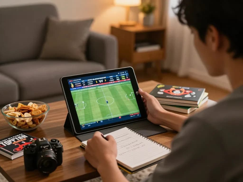 Kèo bóng đá hôm nay being analyzed on a tablet at home by a betting enthusiast, encapsulating the excitement of sports betting strategy.