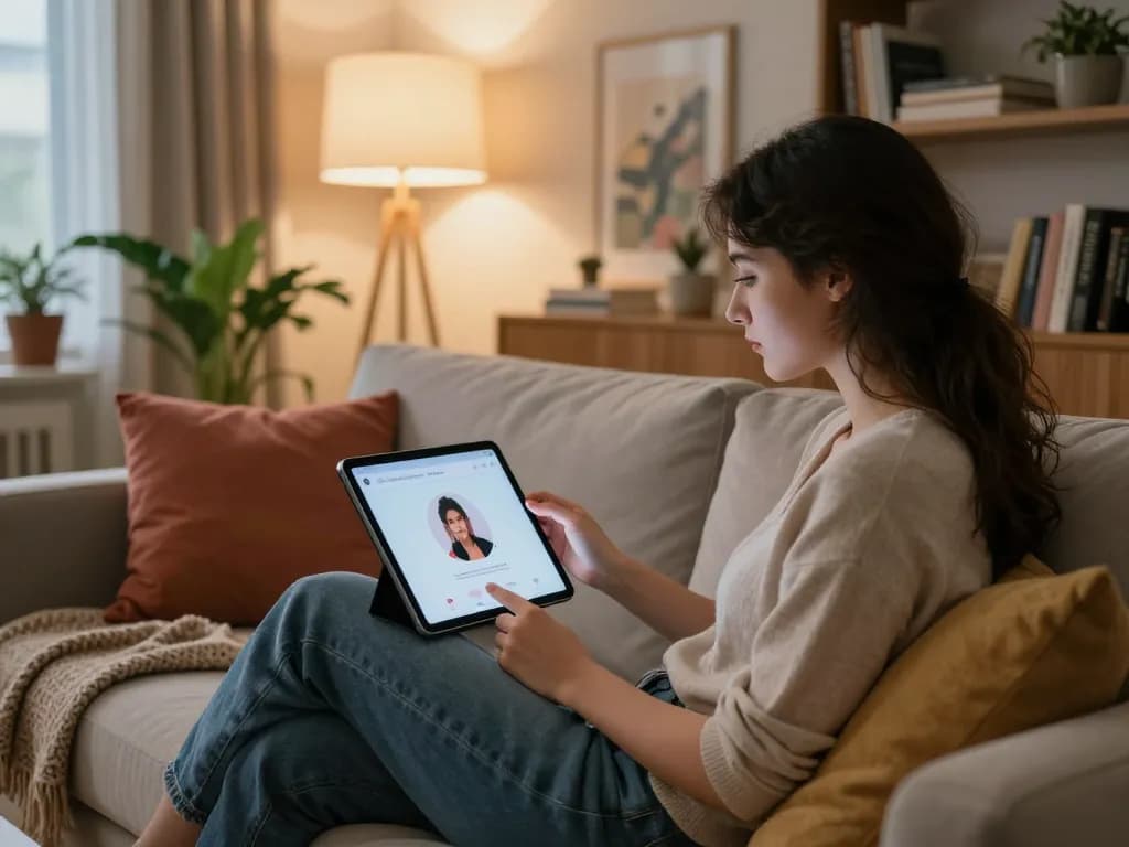 Engaging with sex chat AI on a tablet in a cozy living room setting.