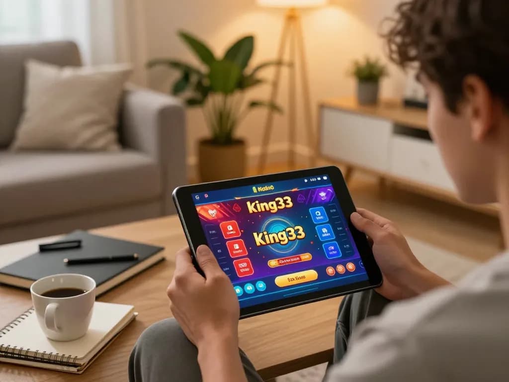 Player using the king33 app on a tablet in a cozy home setup while enjoying an online gambling experience.