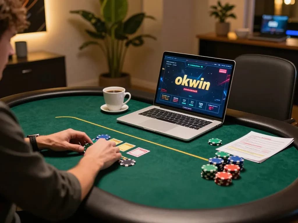 Experience thrilling poker gameplay at okwin in a cozy home setting with chips and notes.
