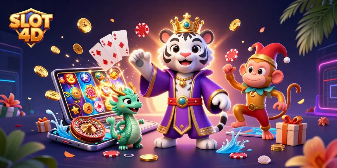 Experience SLOT 4D excitement as a royal tiger, playful monkey, and jade dragon illuminate the gaming scene.