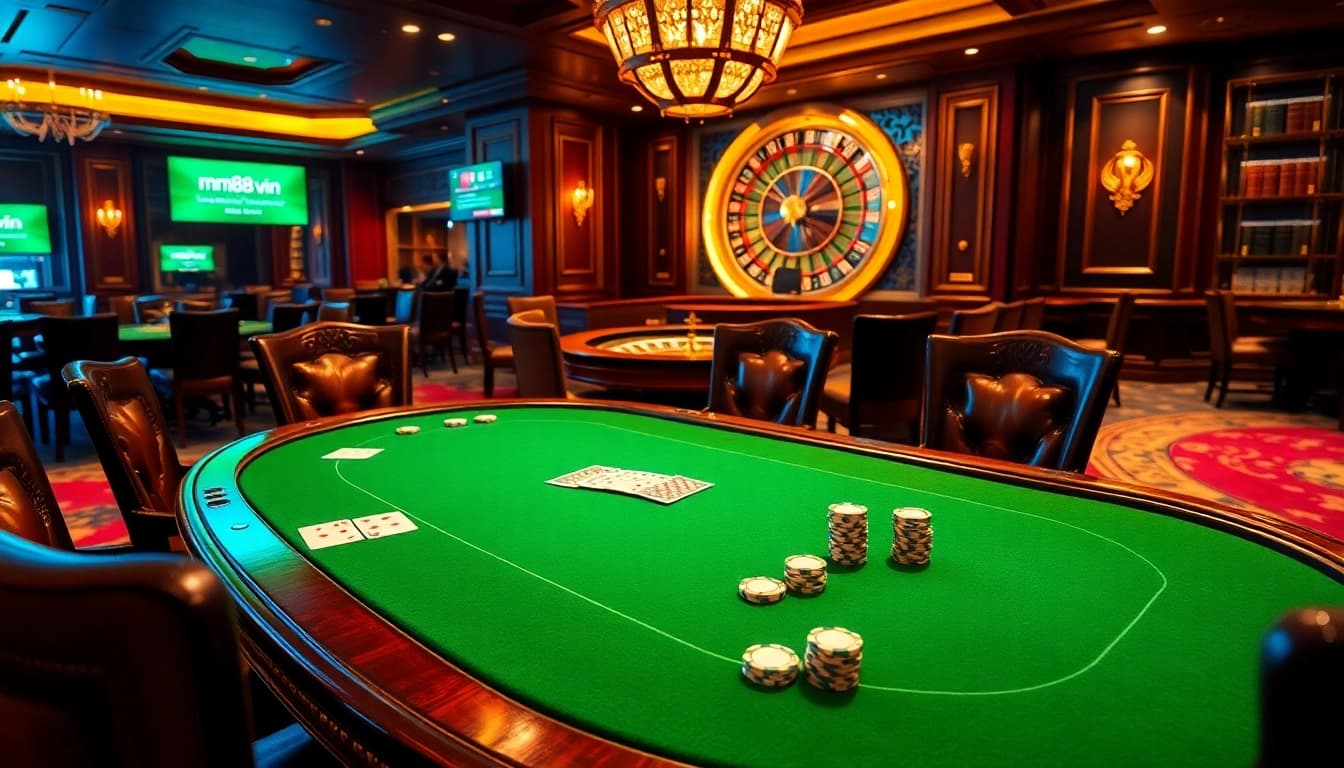 Experience high-stakes gaming action at mm88 vin's luxurious poker table.