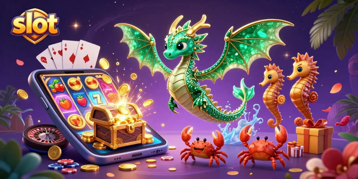 Engaging slot scene with a sea dragon, smartphones showing slots, and treasure elements.