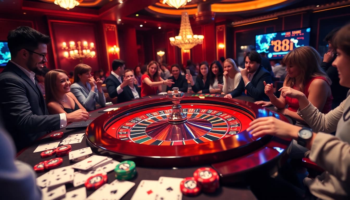 Engaging gamblers at the 88i roulette table with vibrant chips and cards.