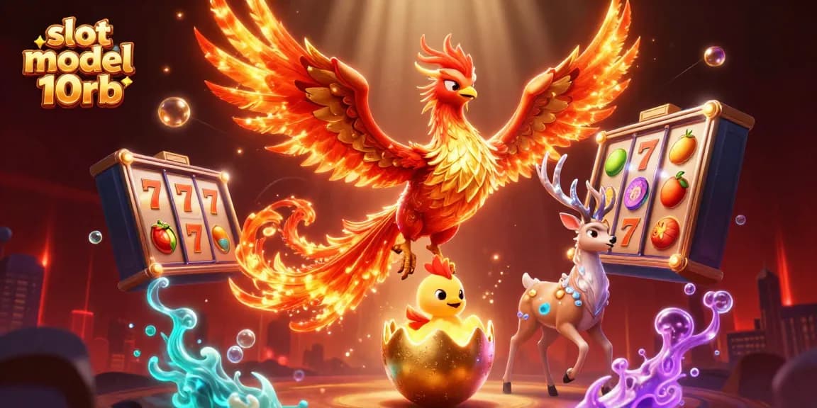 Experience exciting wins with slot modal 10rb illustrated by a vibrant scene of phoenix and gaming elements.