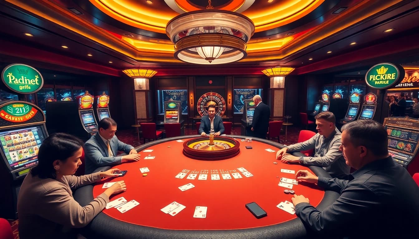 Enthusiastic players engage at the poker table in the Hit club casino ambiance.