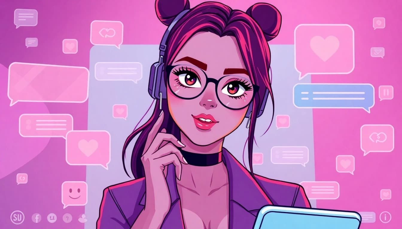 Vibrant NSFW character engaging in playful AI chat with digital elements.