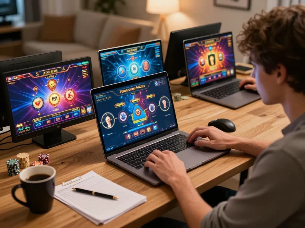 Bj88 player strategizing at home with laptop showcasing vibrant casino games