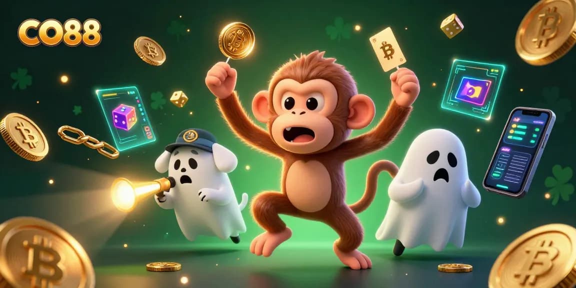 CO88 showcases a playful ghost-hunter puppy tracking a mischievous monkey juggling casino items.