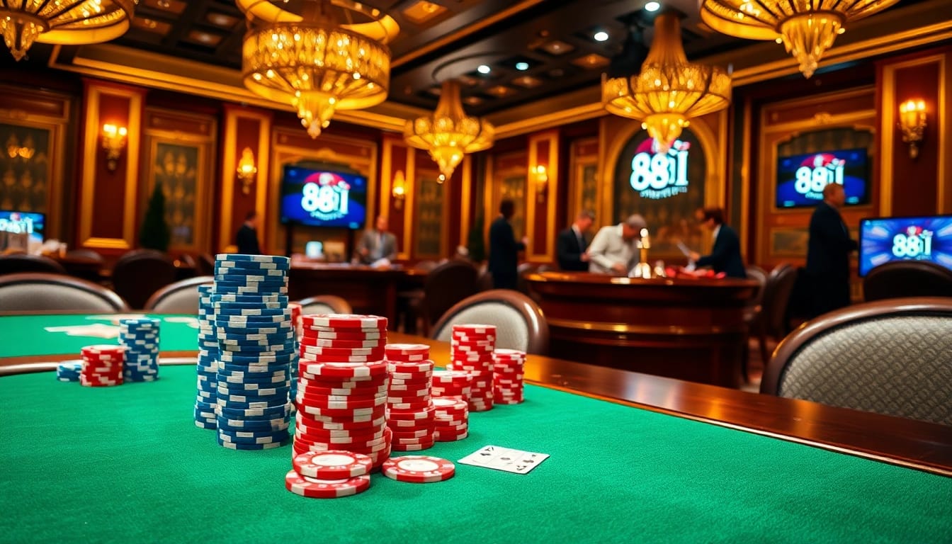 Players enjoy an exciting game at the 88I poker table, surrounded by luxurious casino decor and vibrant chips.
