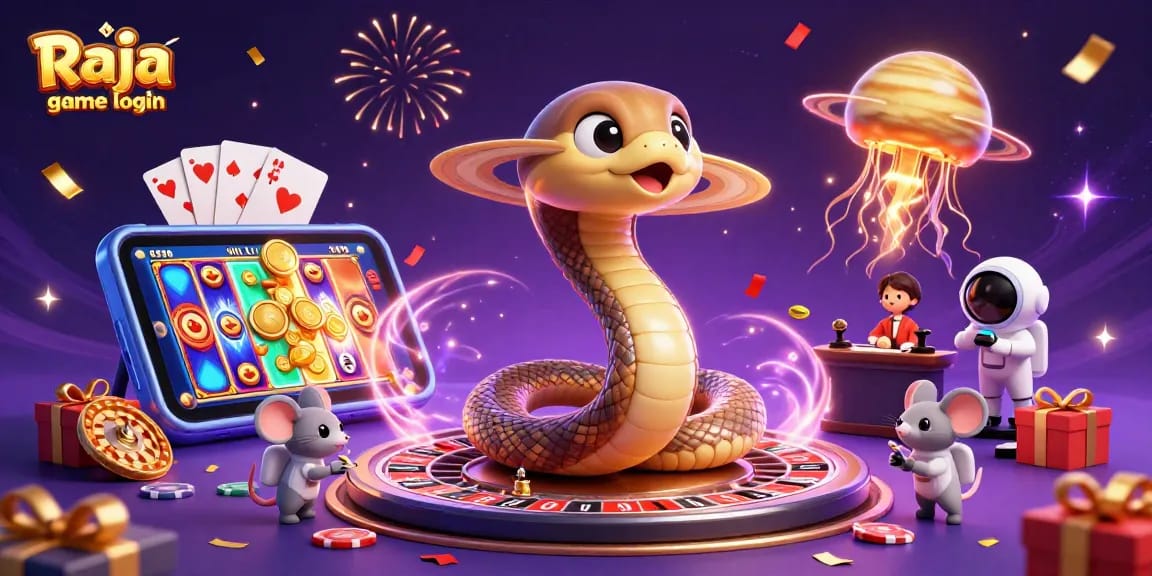 Engage with Raja game login in an immersive 3D casino universe filled with vibrant gaming elements.