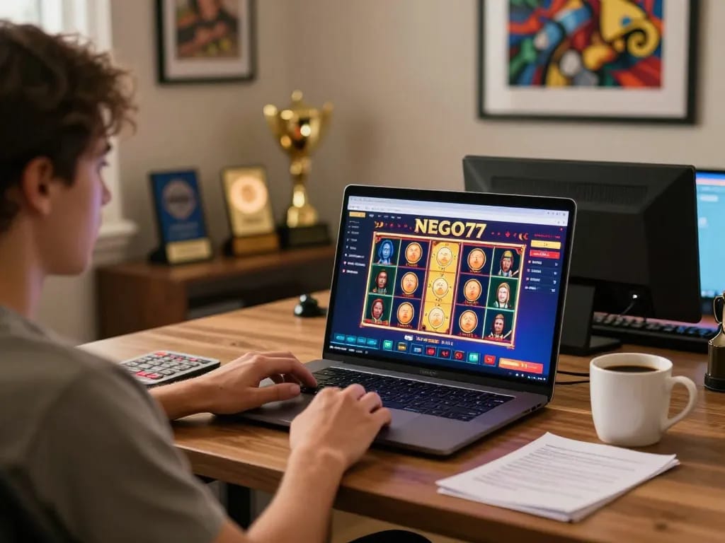 Player enjoying exciting NEGO77 online casino slots experience at home.