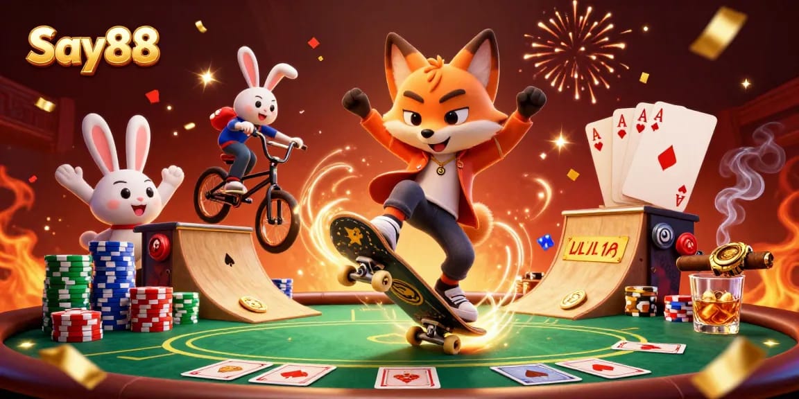 Say88's engaging scene of a skateboarder fox showcasing tricks over poker chips, emphasizing casino excitement.
