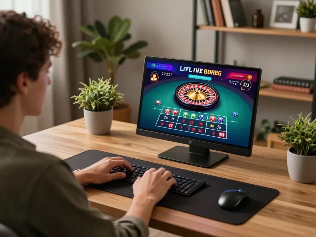 Engaging in strategic online gaming with 789winf, showcasing a live roulette table on a stylish laptop