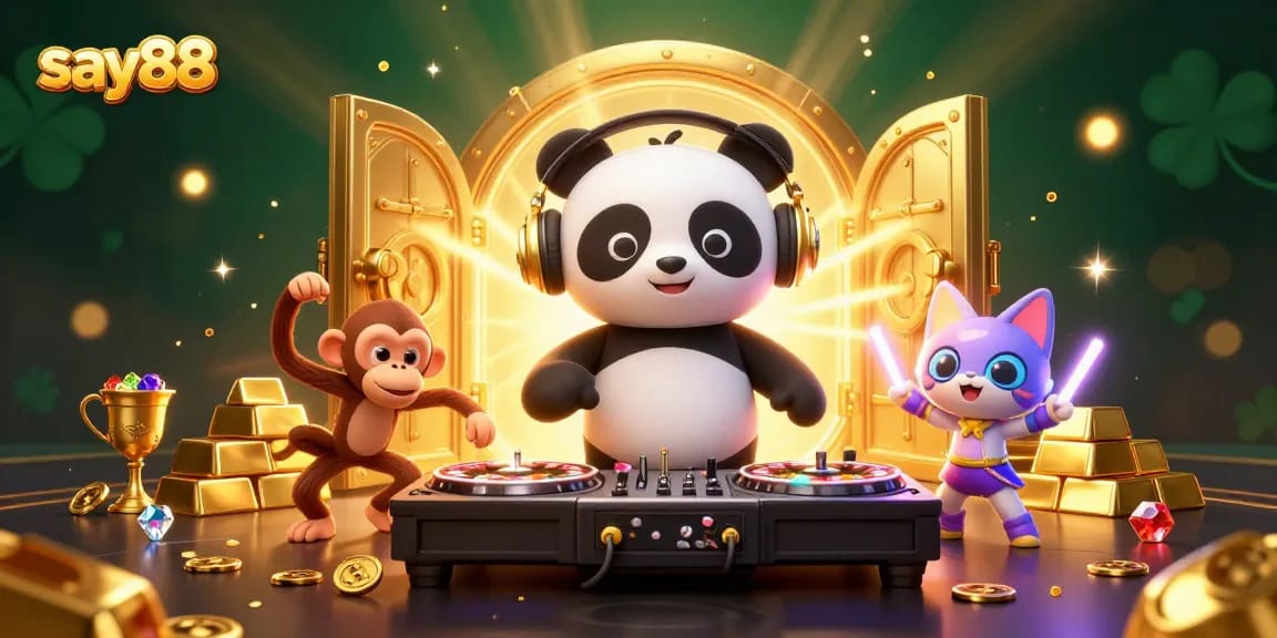 Say88 entertains with dynamic characters in a vibrant casino-themed 3D illustration filled with excitement.