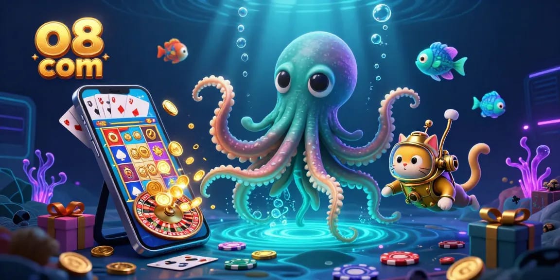 Engage in thrilling gaming adventures at o8 com, featuring a kraken, diving cat, and animated slot action.