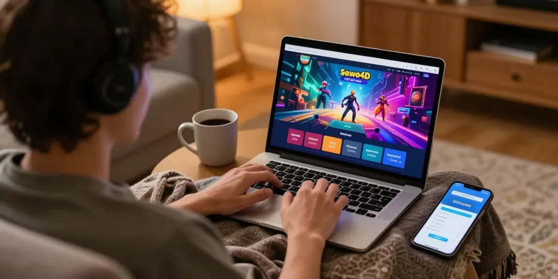 Sawo4D online gaming platform user enjoying interactive gameplay in a cozy home environment.